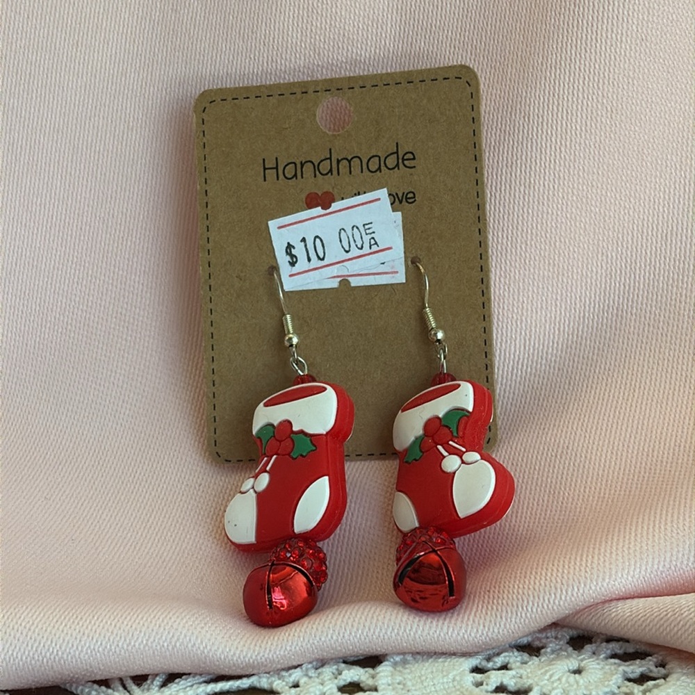 Handmade Christmas Stocking Rhinestone Bell Earrings - Picture 13 of 13